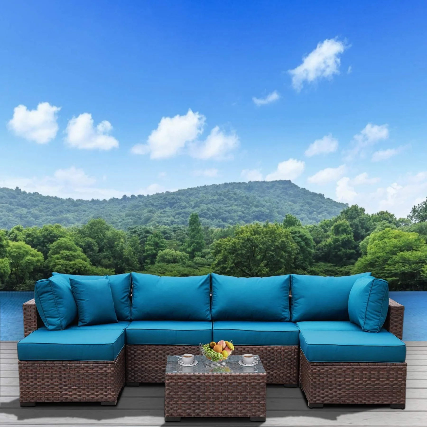 Outdoor Patio Brown Rattan 7 Piece Sectional Furniture Set, PE Wicker