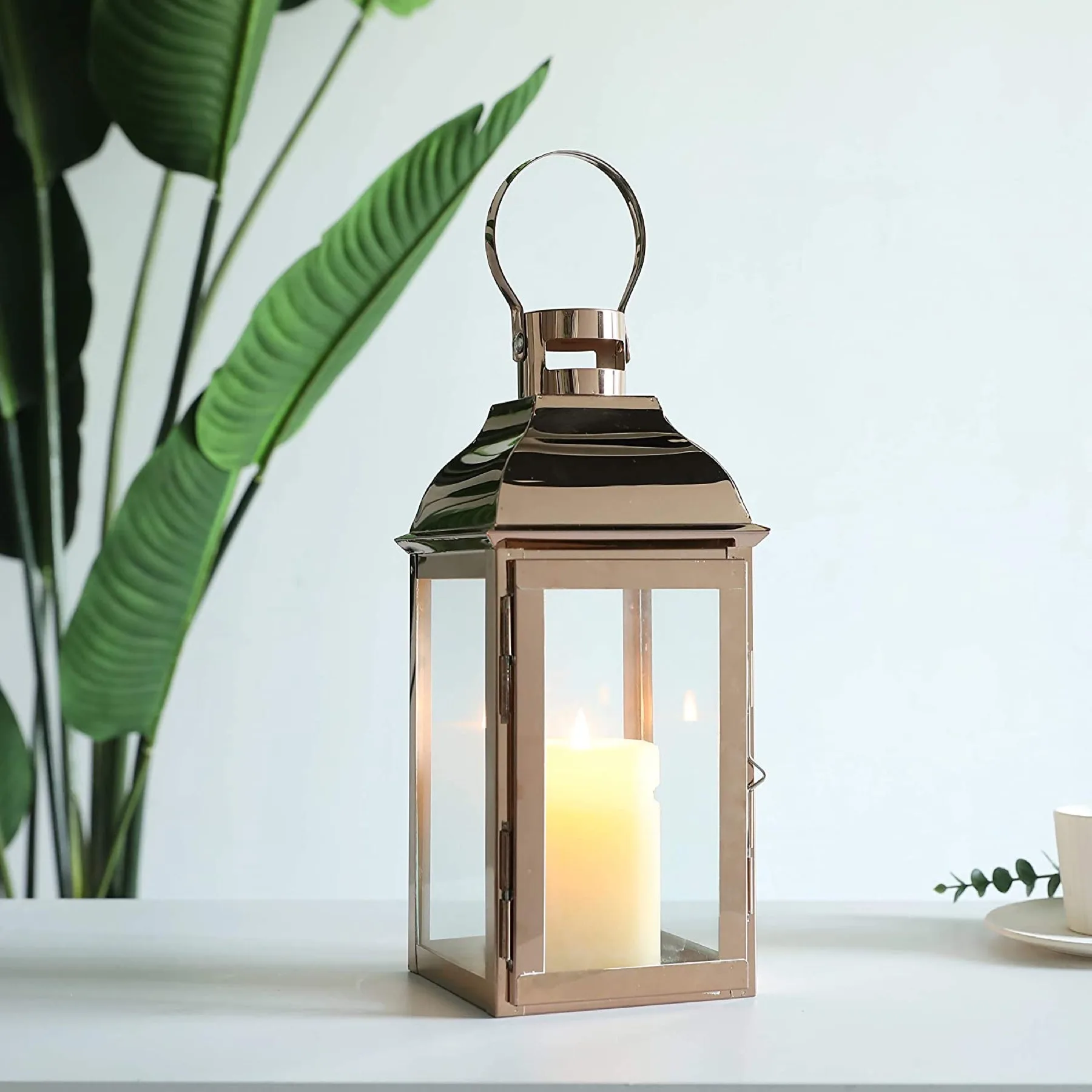 Decorative Candle Lantern 12.5", Rose Gold