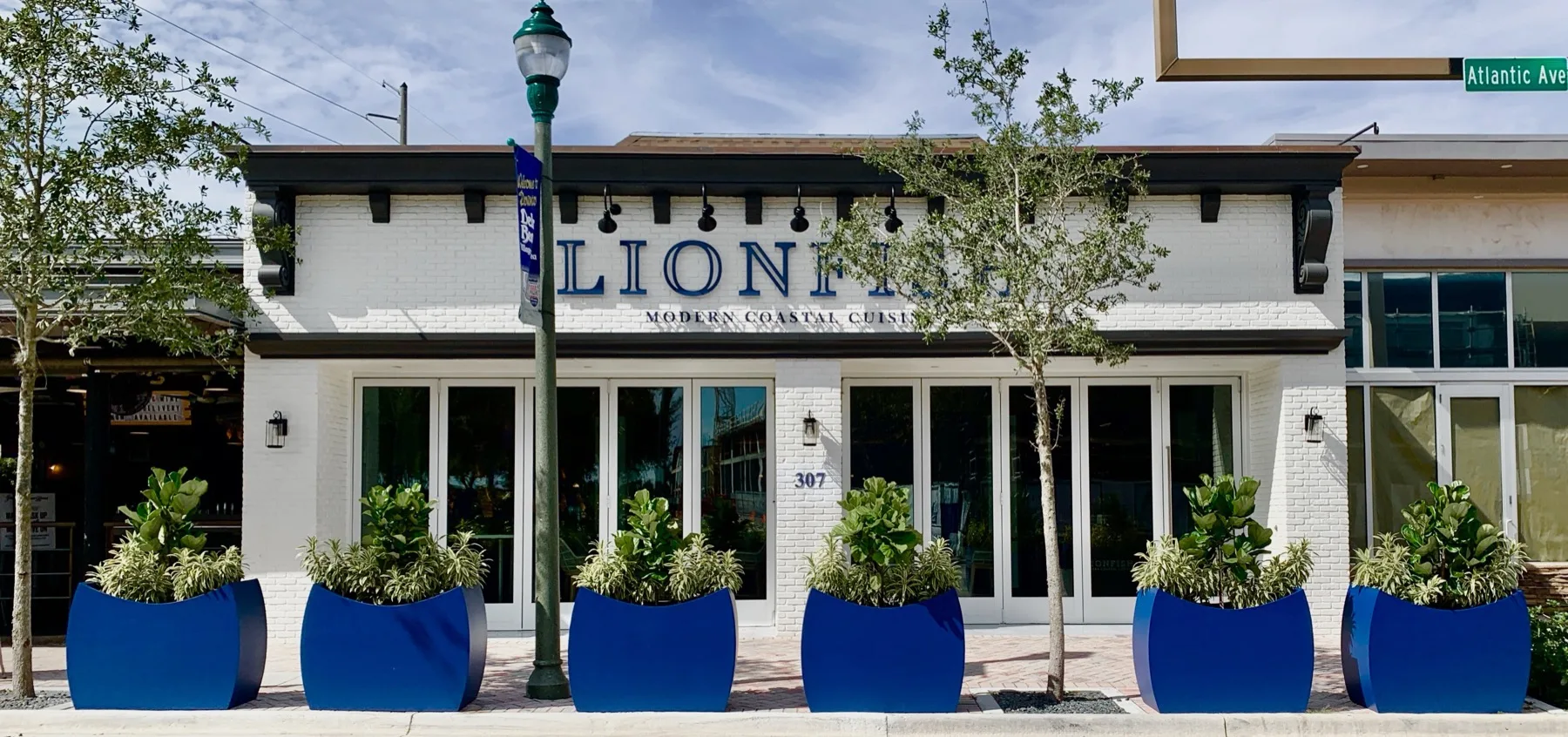 A storefront framed by blue planters and lush greenery