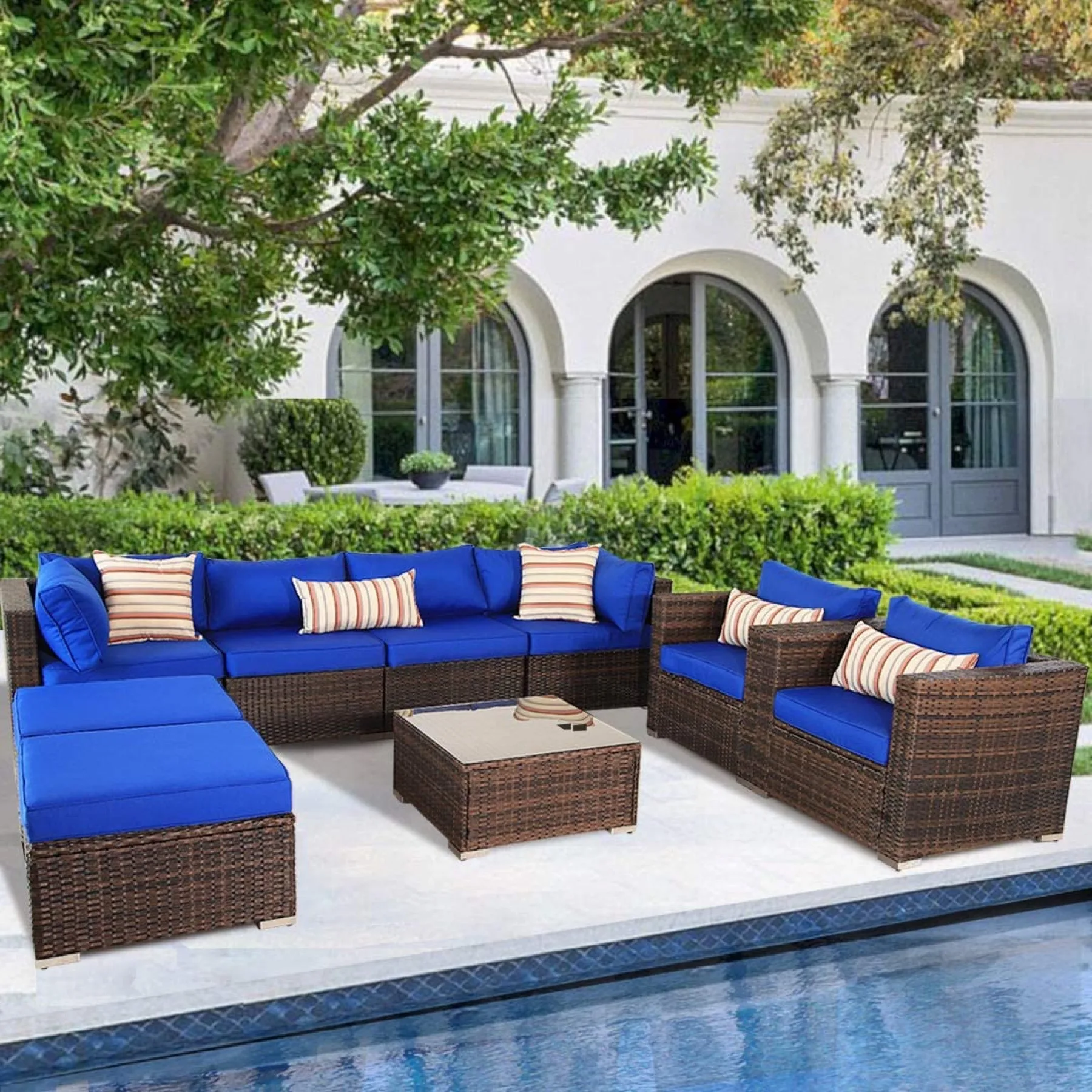 Leaptime Patio Furniture Sofa Garden Couch Set, 9-Piece PE Brown Rattan