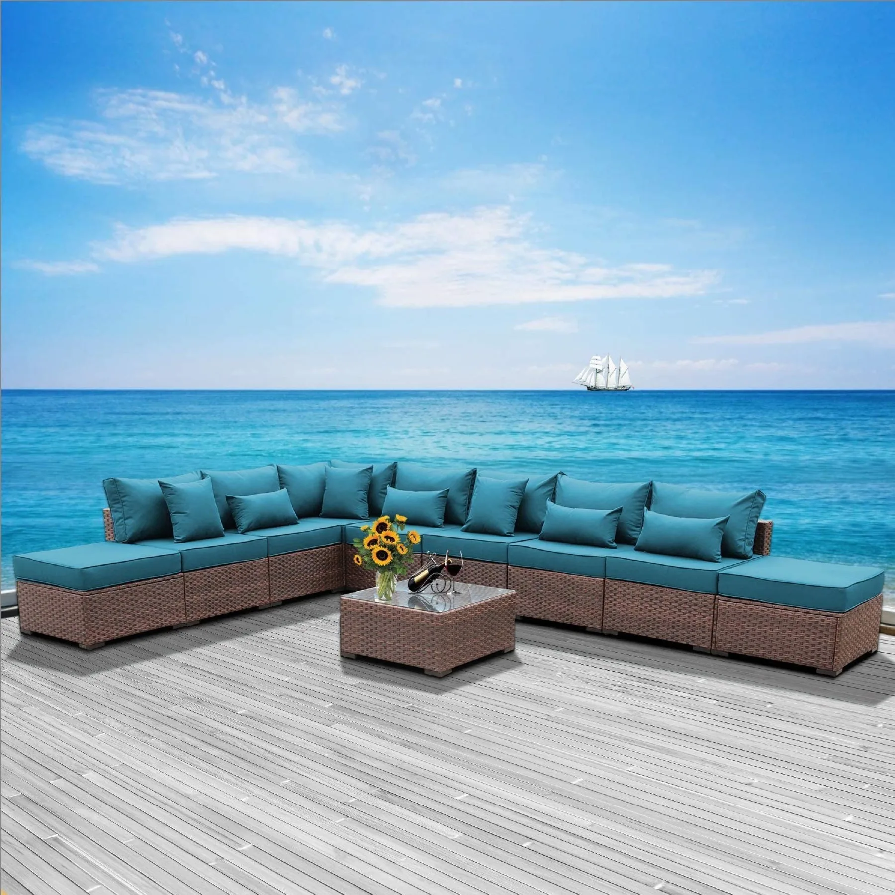 Outdoor Patio Brown Rattan 10 Piece Sectional Furniture Set, PE Wicker