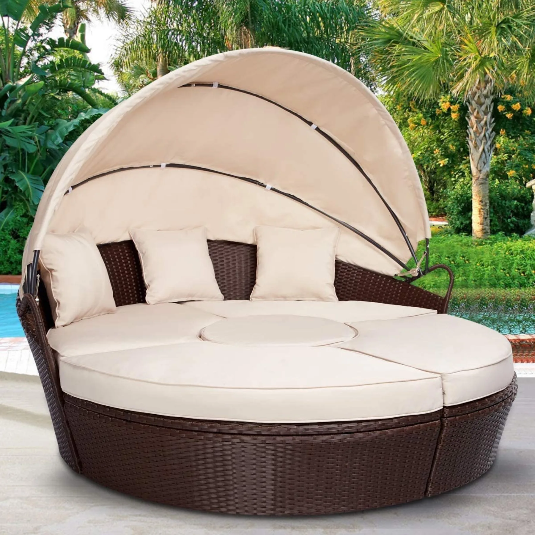Outdoor Round Daybed with Retractable Canopy