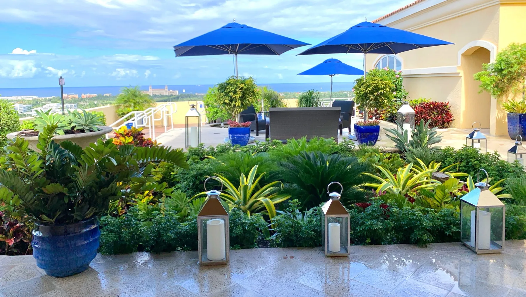 A rooftop terrace garden overlooking the water, layered with tropical planting